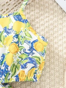 SHEIN Young Girl Lemon Print Hollow Out Waist Strap Vacation Dress, Summer - Multicolor - View 5