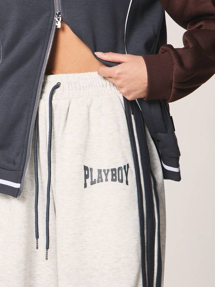 Missguided x Playboy Logo Wide Leg Joggers With Side Stripes And Drawstring Waist Casual Sweatpants For Everyday Comfort And Street Style