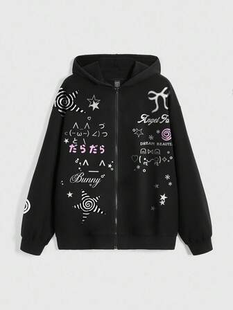 Grunge Punk Emoticon koreanischer Stil Herz Wirbel Grafik süße Reißverschluss Punk Street Style Hoodie für Frauen, Herbst/Winter