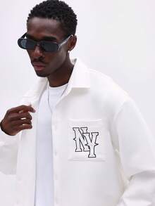 SUMWON Button Up Dress Shirt With NY Chest Print Long Sleeve Collared Casual Business Smart Office Everyday - White - View 3