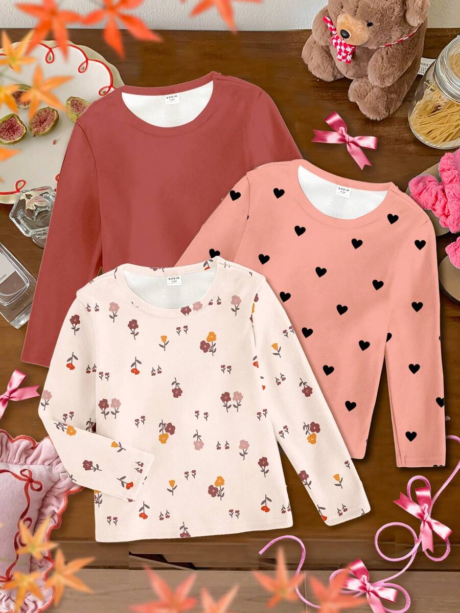 SHEIN Bộ 3 áo thun dài tay cho bé gái, kiểu dáng thường ngày, dễ thương, co giãn, màu trơn và in hình hoa trái tim, phù hợp cho mọi mùa. - Nhiều màu - Xem 1