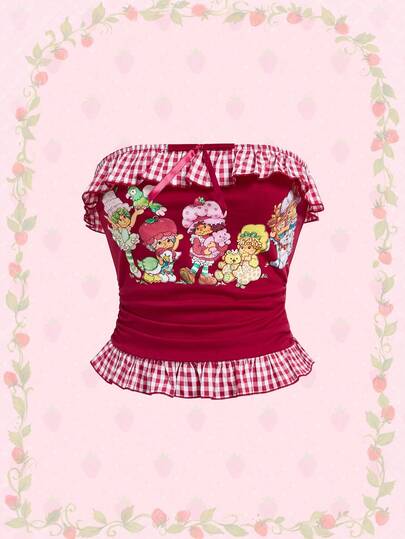 Strawberry Shortcake | ROMWE Top tubo con patrón de dibujos animados, decorado con volantes, lazo y parches de cuadros para mujer