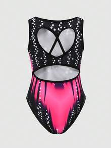 SHEIN Tween Girl Spring/Summer Beach Vacation High Elasticity Faux Rhinestone Tie-Dye Print Back Heart Cutout One-Piece Swimsuit Colorful Tween Girl - Hot Pink - View 2