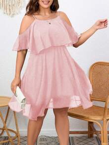 Flouryn 大码优雅纯色露肩吊带连衣裙，夏季 - 淺粉色 - 查看 1