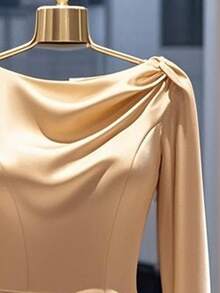 GlowEve Women's Shiny Woven Fabric Round Neck Raglan Sleeve Cinched Waist A-Line Elegant Short Dress, Suitable For Everyday Wear, Autumn/Winter - Apricot - View 3