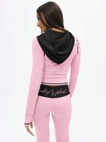 BABYPHAT Zip Up Hooded Top With Contrast Black Trim And Cat Print Design Long Sleeve Fitted Jacket For Casual Winter Wear - Baby Pink - View 2