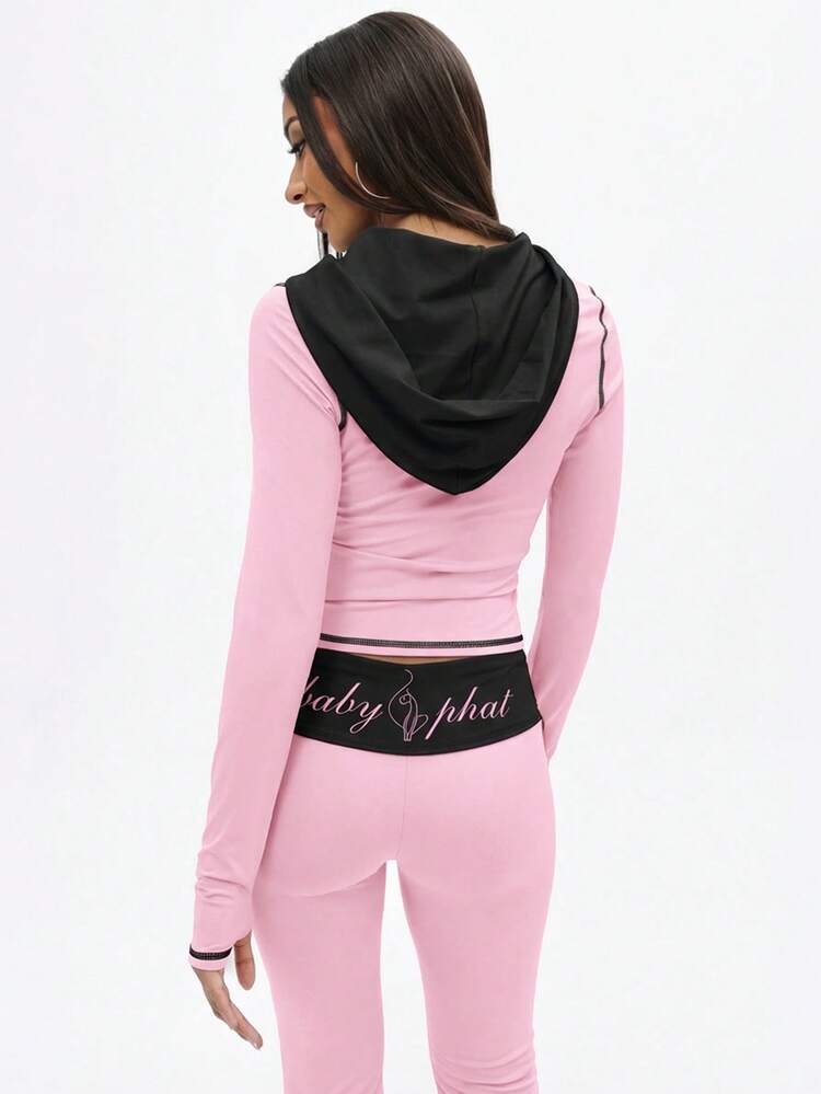 BABYPHAT Zip Up Hooded Top With Contrast Black Trim And Cat Print Design Long Sleeve Fitted Jacket For Casual Winter Wear