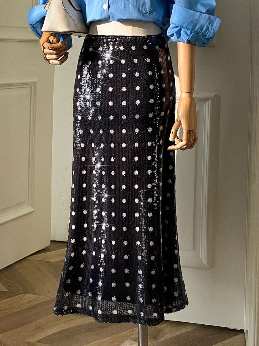 Muvela 女士中长款亮片波点半身裙，复古优雅风格，适合下午茶、朋友聚会、约会、情人节等场合，时尚别致，是秋季必备的百搭单品，也适合圣诞节、浪漫场合、生日派对等场合。 - 黑色 - 查看 1