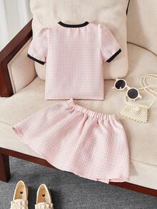 两件套女婴彩色蝴蝶结装饰泡泡袖上衣和百褶裙套装，舒适休闲，适合派对、假日、户外活动等各种场合 - 粉色 - 查看 2