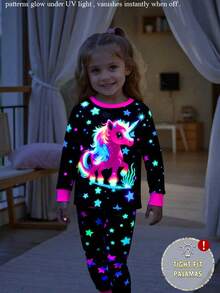 2 Piece Sets Snug Fit Night Wear Kids  Toddler Girls' Cute Unicorn Print Colorful Star Lighting Up Round Neck Knit Pajama Set, Comfortable Casual Tight Fitting Long Sleeve Top And Pants, Black Unicorn Clothes For Girls Snug Fit .This Product Requires UV Light Exposure To Glow.