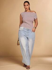 SHEIN BAE Áo thun hở vai kẻ sọc nâu đan móc cỡ lớn thời trang xuân, thu, hè, phù hợp cho mọi hoạt động giải trí hàng ngày, đi chơi, đi chơi với bạn gái, tiệc trà chiều, đi làm, kỳ nghỉ ở bãi biển và các dịp kết hợp khác - Đỏ và trắng - Xem 1