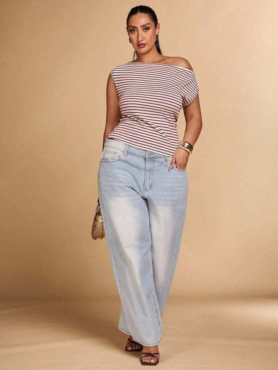 SHEIN BAE Áo thun hở vai kẻ sọc nâu đan móc cỡ lớn thời trang xuân, thu, hè, phù hợp cho mọi hoạt động giải trí hàng ngày, đi chơi, đi chơi với bạn gái, tiệc trà chiều, đi làm, kỳ nghỉ ở bãi biển và các dịp kết hợp khác - Đỏ và trắng - Xem 1