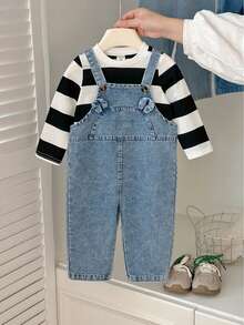 Vintaside Kids Baby Boys Autumn/Winter Round Neck Long Sleeve Striped T-Shirt Paired With Sleeveless Washed Denim Bib Pants Set, Comfortable For Camping And Home Wear, Suitable For Spring/Autumn Seasons, Practical And Fashionable For Outdoor Or Casual Indoor Time - Multicolor - View 1