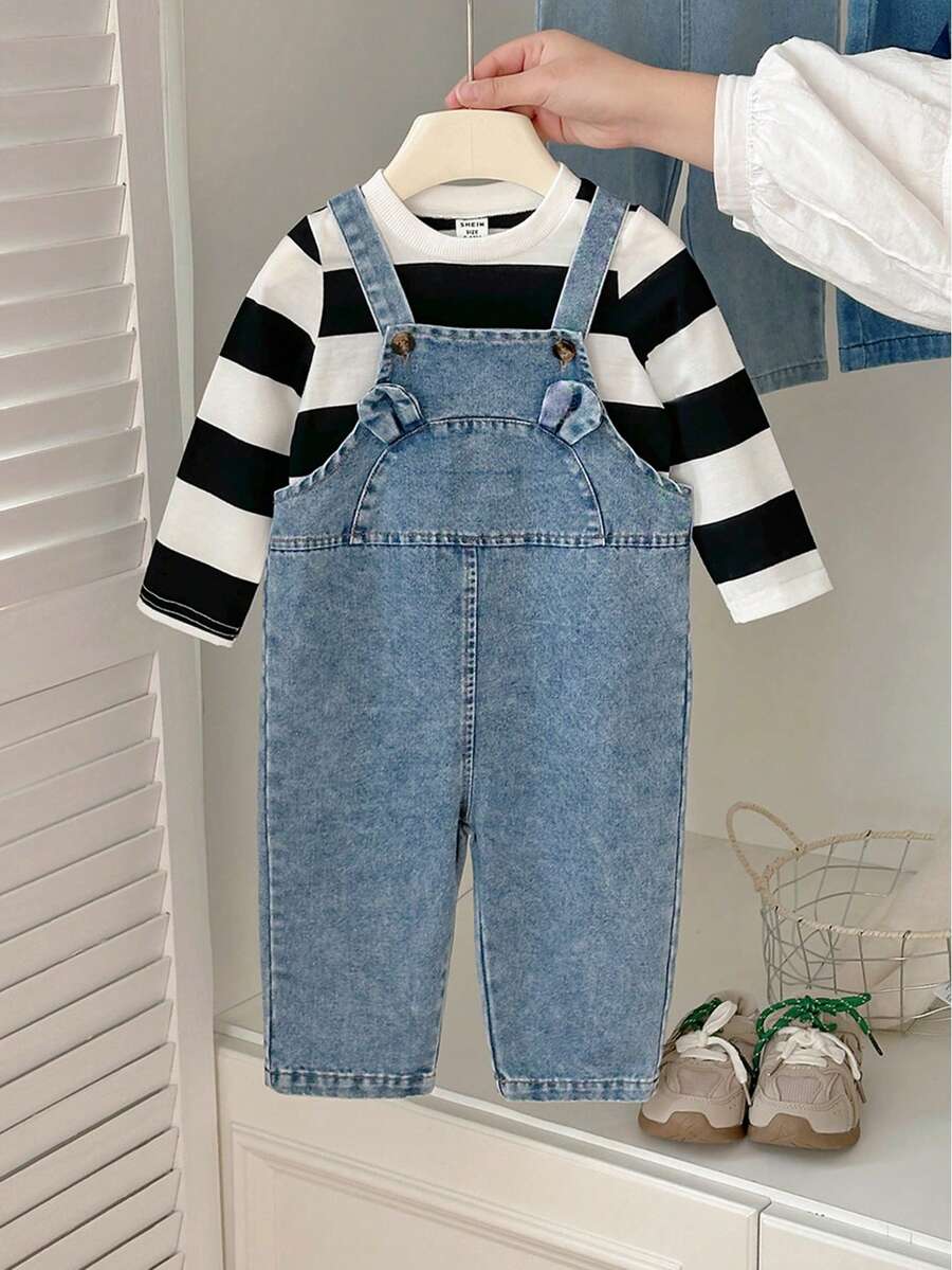 Vintaside Kids Baby Boys Autumn/Winter Round Neck Long Sleeve Striped T-Shirt Paired With Sleeveless Washed Denim Bib Pants Set, Comfortable For Camping And Home Wear, Suitable For Spring/Autumn Seasons, Practical And Fashionable For Outdoor Or Casual Indoor Time - Multicolor - View 1