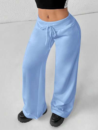 SHEIN PETITE Comfortable And Casual Plain Knitted Low-Rise Wide-Leg Women's Sweatpants Comfy Pants Satin Pants Silk Pants Blue Pants Lounge Pants