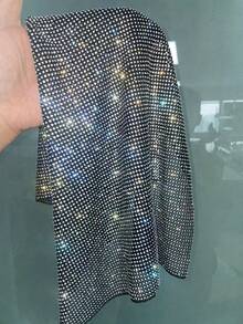 EgrlEra Women's Sexy Fashion Party Metal Mesh Rhinestone Asymmetrical Hem Cropped Backless Halter Top Silver Crop Top Sparkly Top - Black - View 5