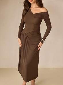 Modelyn Women's Elegant Casual Party Knitted Ruched Patchwork Asymmetrical Collar Coffee Color Dress, Autumn/Winter - Coffee - View 4