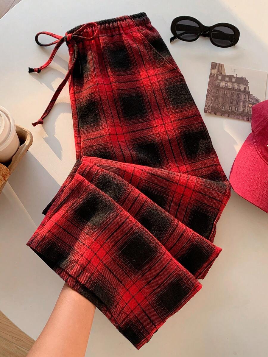 SHEIN EZwear Women's Loose Plaid Drawstring Waist Cargo Pants With Pockets, Thermal Lined - Red - View 1