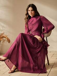 Anewsta 女士长款褶皱连衣裙，优雅时尚的正式礼服，酒红色连衣裙，褶皱女装 - 酒紅色 - 查看 4