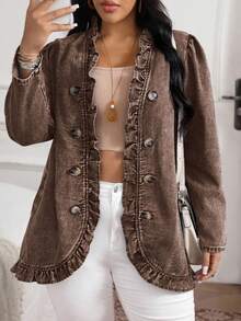 EMERY ROSE 大码纯色荷叶边下摆双排扣休闲长袖牛仔外套 - 咖啡棕 - 查看 7