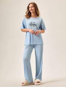 EURMUSE Women Casual Cotton Rib Knit Letter Print Drop Shoulder Short Sleeve Top And Pants Pajama Lounge Set - Blue - View 3