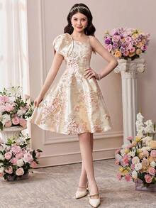 Pitira 少女优雅花卉锦缎连衣裙，饰有蝴蝶结，肩带设计，收腰，及膝长度，适合情人节、花童、派对、返校、淑女风、公主风、婚礼、生日等场合。 - 粉色 - 查看 6