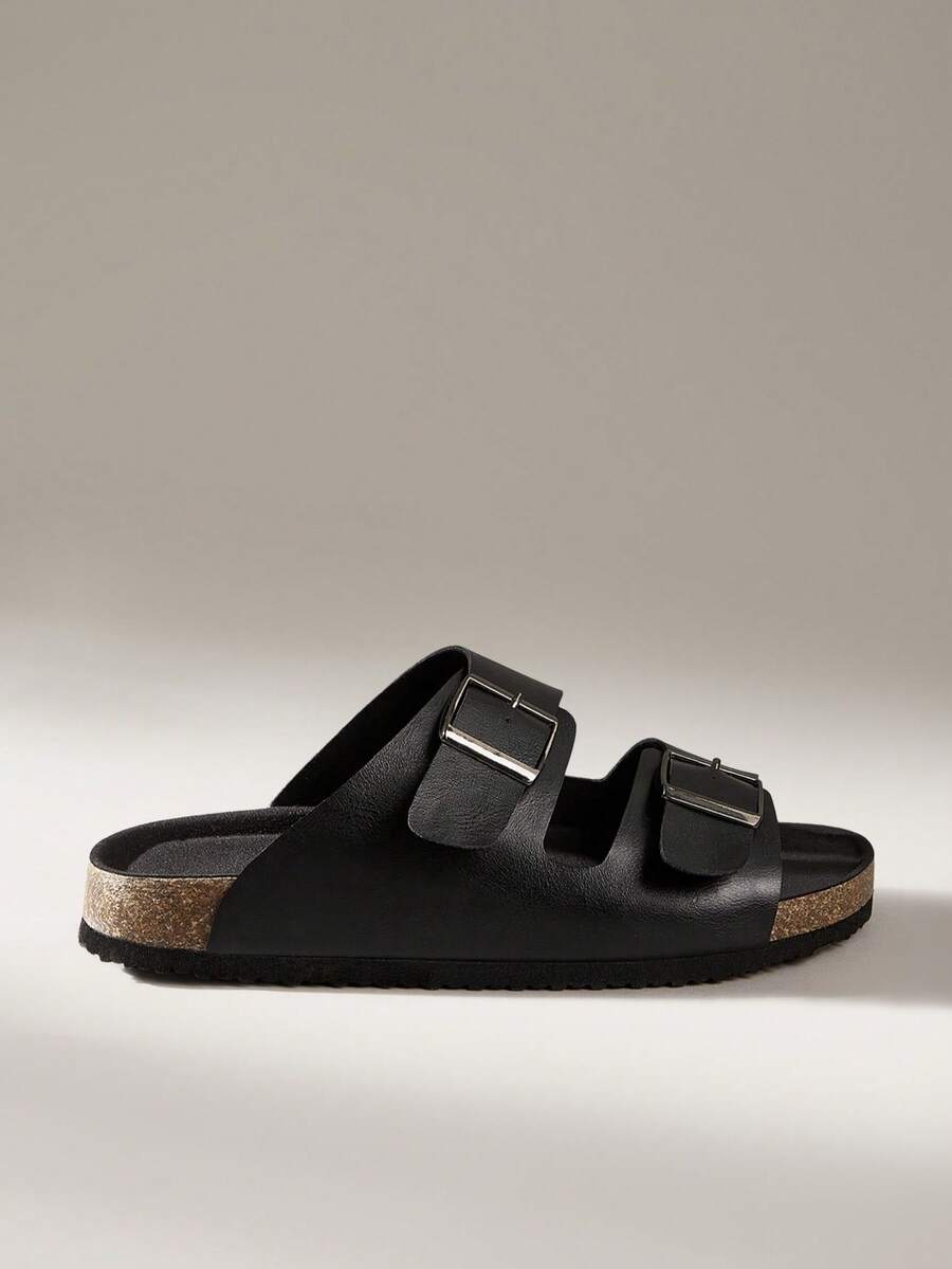 Solecia Sandalias casuales de uso diario con diseño de hebilla para mujer - Negro - Ver 1
