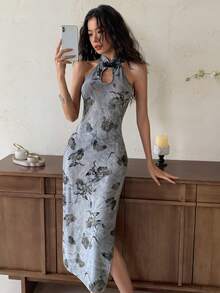 EastFlair Women's Elegant Floral Print Mid-Length Dress, Summer Chinese Style Dress Qipao Dress Dusty Blue Dress Women Cheongsam Dress