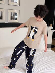 2pcs Kids/Tween Boys Casual Penguin Print Crew Neck Long Sleeve Pajama Set, Comfortable Homewear - Multicolor - View 4