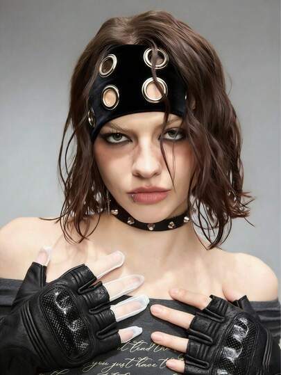 Grunge Punk 1 Piece Punk Metal Circle Headband, Street Knitted Headband, Yoga, Sports Elastic Headband.