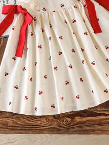 SHEIN LMoss Kids 少女碎花圆领荷叶边撞色蝴蝶结休闲连衣裙 - 粉色 - 查看 10