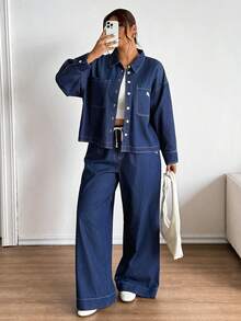 Lounesse 大码纯色落肩长袖前扣休闲宽松时尚牛仔两件套 - 藍色 - 查看 6