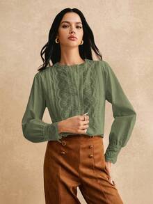 Poéselle Áo sơ mi dài tay viền ren, 100% cotton, thời trang nữ - xanh quân đội - Xem 3