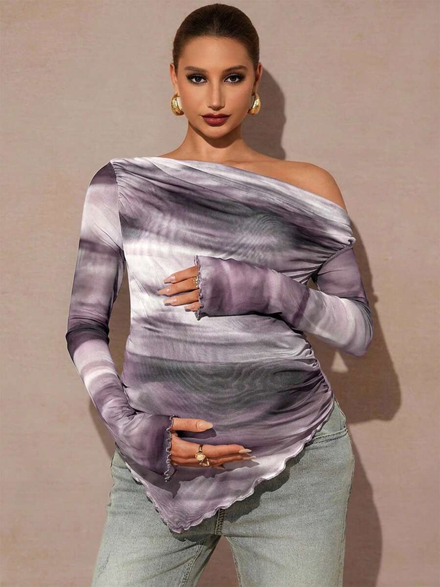 MaterniChic Maternity Clothes Maternity Tops Maternity Printed Asymmetrical Shoulder Long Sleeve T-Shirt - Multicolor - View 1