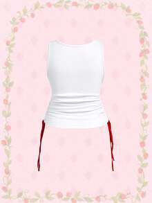 Strawberry Shortcake | ROMWE Spring / Summer Plus Size Summer Casual Cartoon & Strawberry Print Side Drawstring Tank Top - White - View 3