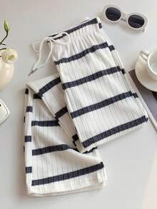 SHEIN EZwear 女士休闲前系带条纹裤，简约风格