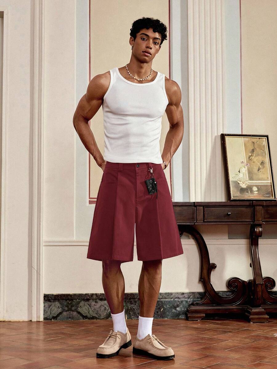 SWAVVY 男士梭织休闲宽松纯色短裤 男士背心短裤套装 男士短裤套装 酒红色背心短裤 男士长款短裤 男士无袖套装 - 酒紅色 - 查看 1