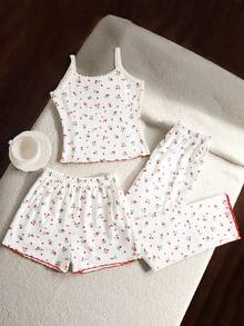 SHEIN 3pcs Tween Girls Casual Knit Loungewear Set - Ditsy Floral Camisole, Long Pants, And Shorts - White - View 8