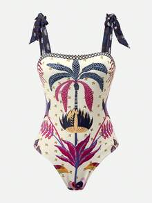 SHEIN Swim 2026新款女士泳装上市，花卉棕榈树印花高级连体泳衣，女士海滩度假装，适合上学、度假、约会、下午茶、西式、邮轮、海滩、海岛、公路旅行、四季皆宜、音乐节、波西米亚风度假、秋日休闲、西部波西米亚风、优雅女士夏季半裙和连体泳衣套装，两件套半裙套装，夏季度假装，女士半裙套装，夏威夷风情装，哈瓦那之夜女士装 - 彩色 - 查看 7