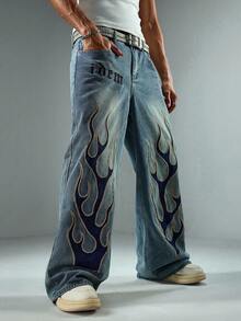 ROMWE MEN Spring Casual Graphic Men'S Casual Washed Flame Embroidery Wide Leg Jeans - Blue - View 5