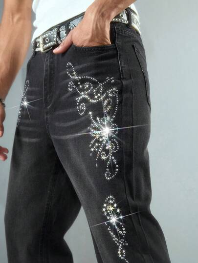 Street Life Herren Lässig gewaschene Jeans mit Faux-Strass-Muster