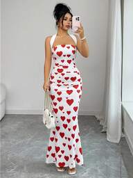 Rafferiza Women's 2026 Summer Backless Tie Waist Fitted Floral Print Mid-Length Dress