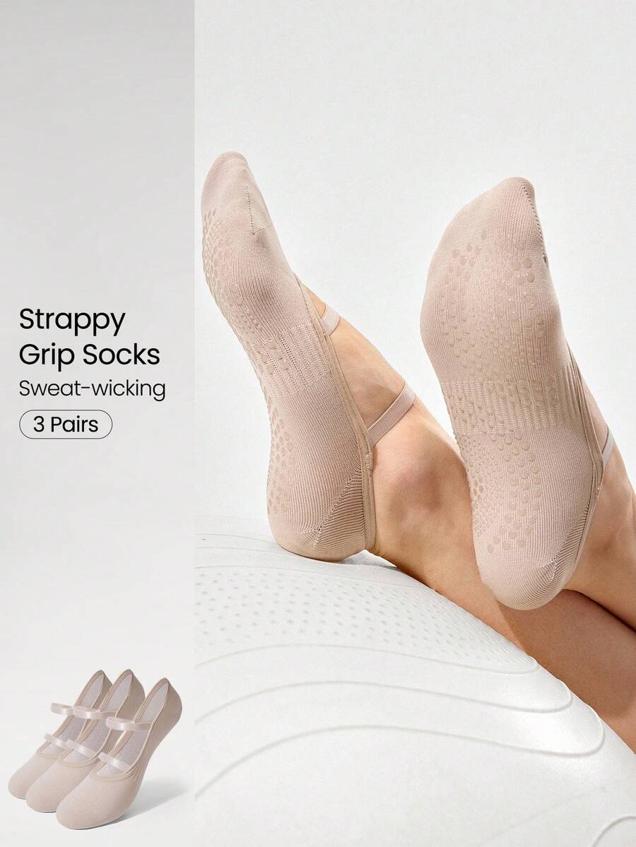 GLOWMODE 3 Pairs Yoga & Pilates Non-Slip Grip Socks With Seamless Toe Construction Yoga Daily - Khaki - View 1