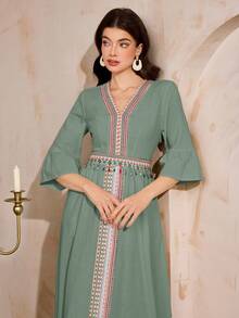 Al Najma Women's V-Neck Geometric Embroidery Decor Elegant Waist Cinched Dress, Suitable For Vacation And Party - Blue - View 7