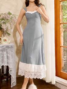 French Elegant Lace Patchwork Nightgown, Tight Fitting Bodycon Maxi Dress, Ruffle Hem French Style Women Sleepwear - Blue - View 6