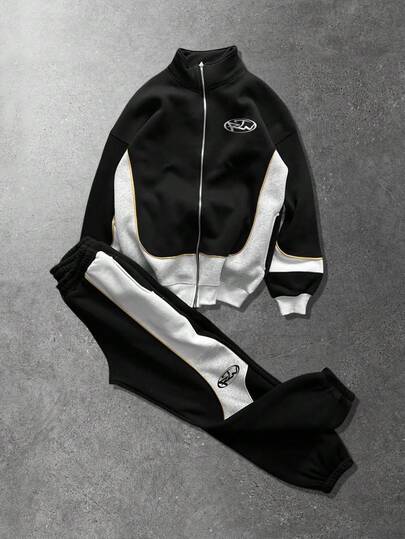 Herren Stehkragen Pullover mit Buchstaben-Muster, Reißverschluss Vorne, Langarm Kapuzenpullover und Jogginghose mit Kordelzug Taille, Freizeitanzug für Urlaub, Pendeln und Reisen