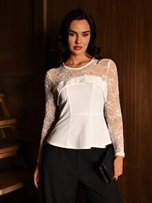 Modelyn Women's Round Neck Lace Patchwork Fashionable Versatile Vacation Long Sleeve Top Lace Long Sleeve White Dress Long Sleeve White Mesh Dress White Bandage Dress Off Shoulder Mesh - White - View 6