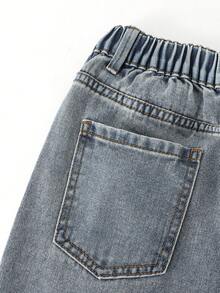 SHEIN Denimly 新款春夏女式宽松浅蓝色牛仔阔腿裤，柔软的牛仔面料如云朵般轻盈，饰有心形刺绣细节，弹性腰带设计穿着舒适，适合校园、街头、约会、户外活动和日常穿着。 - 中等水洗藍 - 查看 7