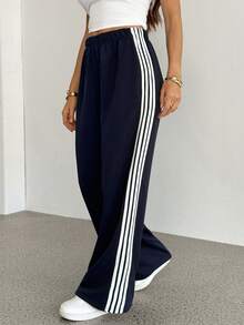SHEIN Tall Navy Blue Knit Casual Women's Sweatpants, Side Stripe Patchwork Sweatpants - Navy Blue - View 4
