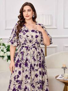 Modelyn 大码女士优雅印花收腰A字连衣裙 - 紫色 - 查看 5
